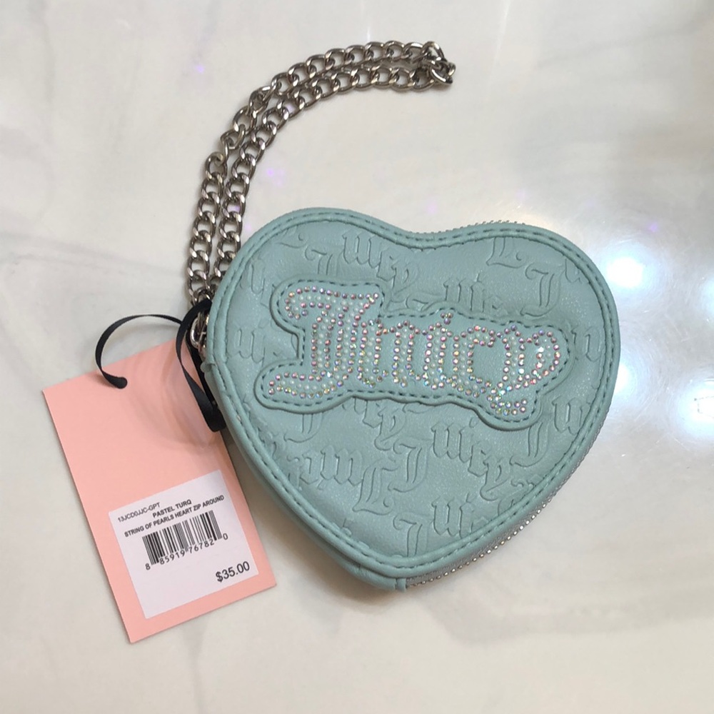 Juicy Couture Pastel Turquoise String Of Pearls Heart Cool ZA Wristlet OS NWT